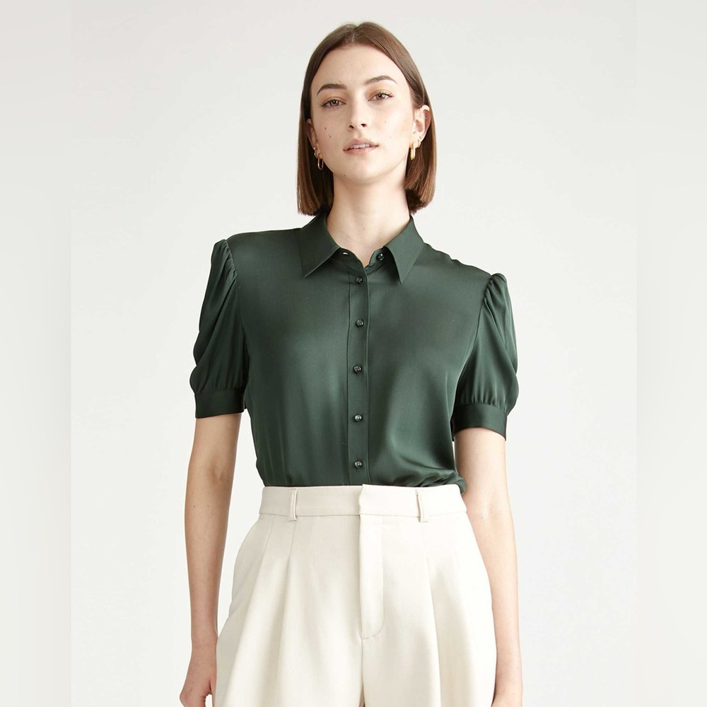 Quince Washable Stretch Silk Puff Sleeve Blouse Top